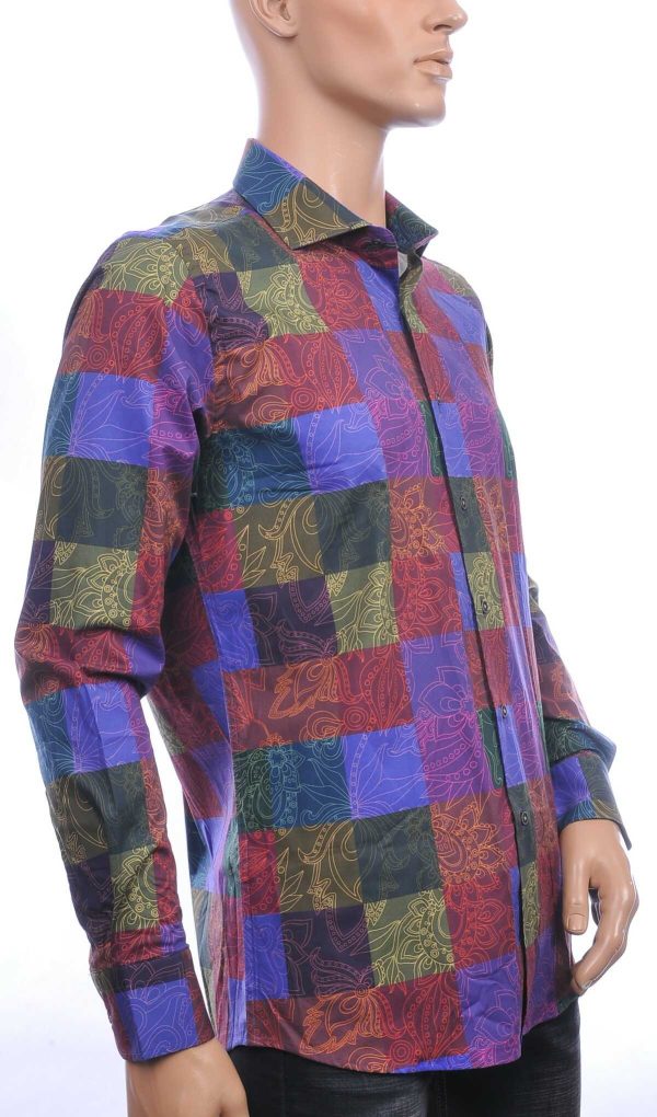 FORTUNATO Italiaans getailleerd slim fit allover blokjes en bloemen dessin heren overhemd Bordeaux