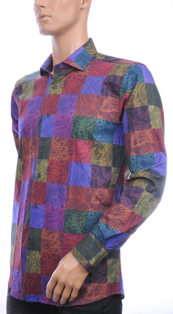 FORTUNATO Italiaans getailleerd slim fit allover blokjes en bloemen dessin heren overhemd Bordeaux