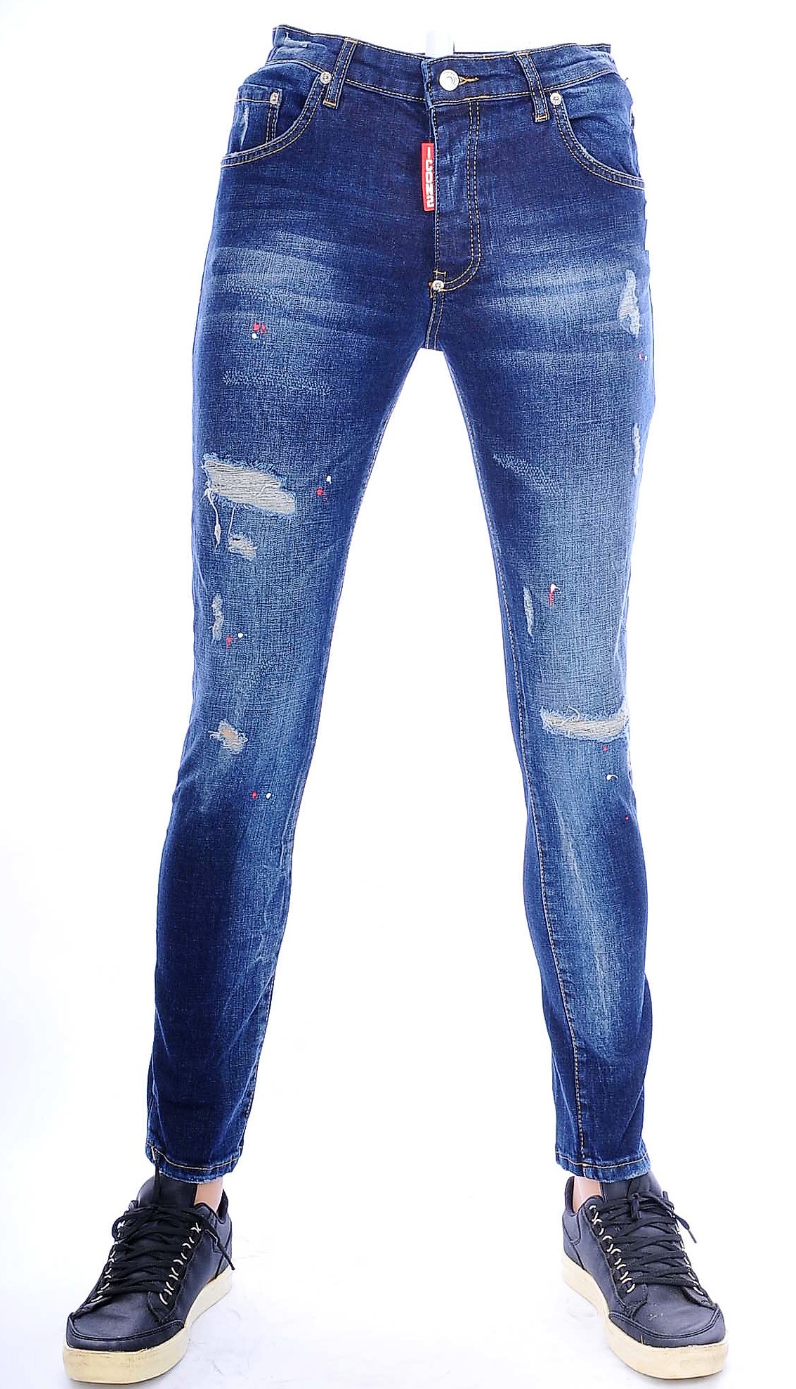 ICON2 A Fish Named Fred Wolff Blitz Louis Vuitton GUCCI VERSACE KENZO Dsquared2 Levi's CHASIN G-STAR DOLCE & GABBANA DIESEL PME LEGEND WAM DENIM LACOSTE trendy gescheurde slim fit jeans met verfspatten Blauw