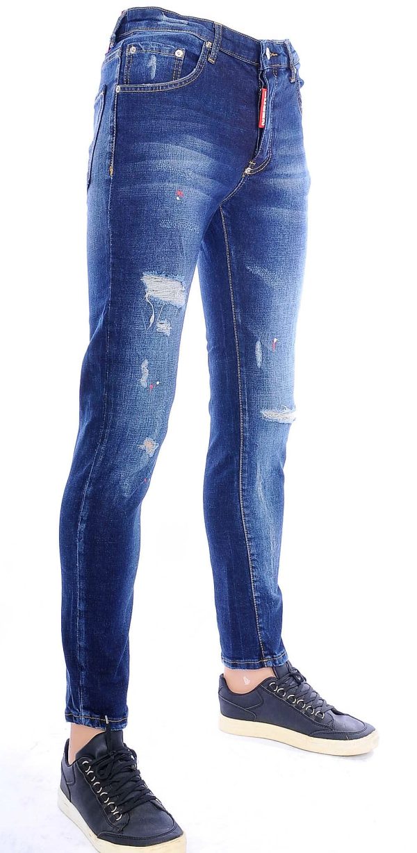 ICON2 A Fish Named Fred Wolff Blitz Louis Vuitton GUCCI VERSACE KENZO Dsquared2 Levi's CHASIN G-STAR DOLCE & GABBANA DIESEL PME LEGEND WAM DENIM LACOSTE trendy gescheurde slim fit jeans met verfspatten Blauw