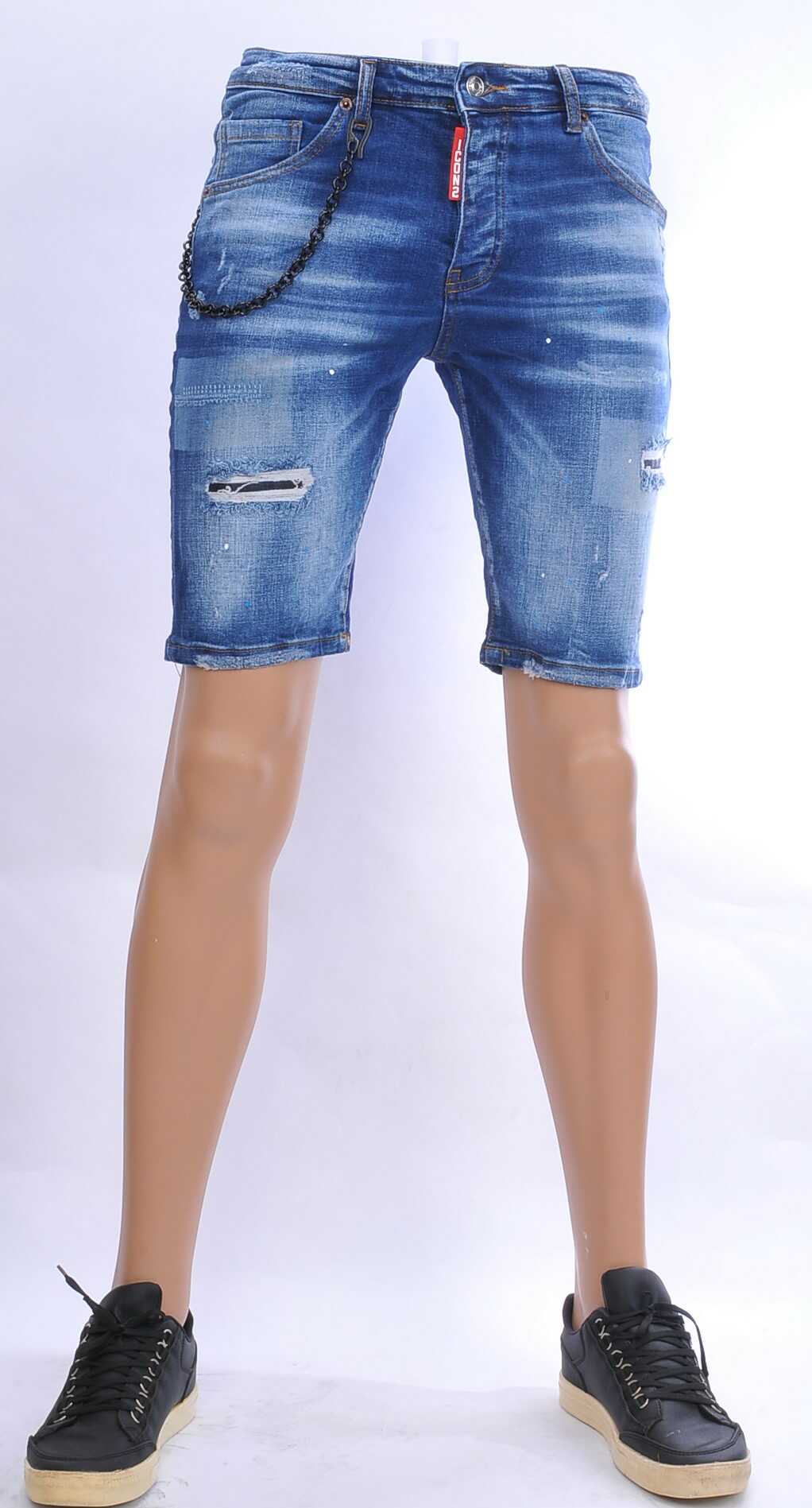 ICON2 hippie gescheurde slim fit heren korte spijkerbroek met verfvlekjes Blauw