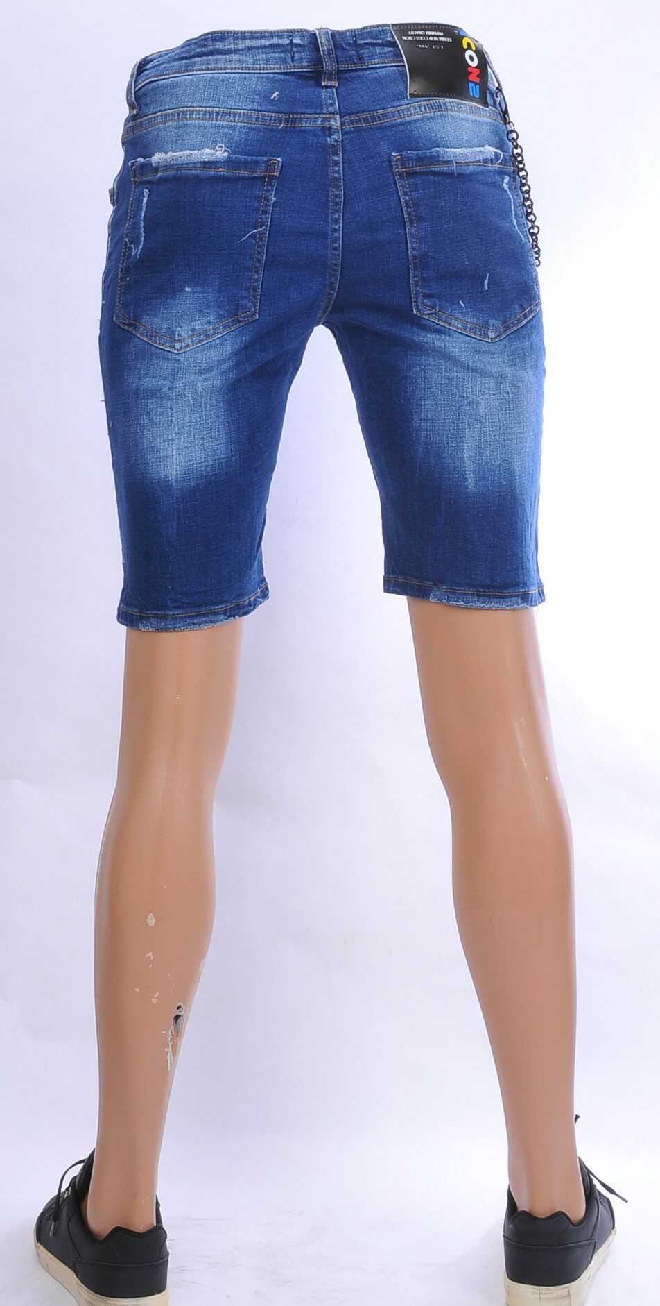 ICON2 hippie gescheurde slim fit heren korte spijkerbroek met verfvlekjes Blauw
