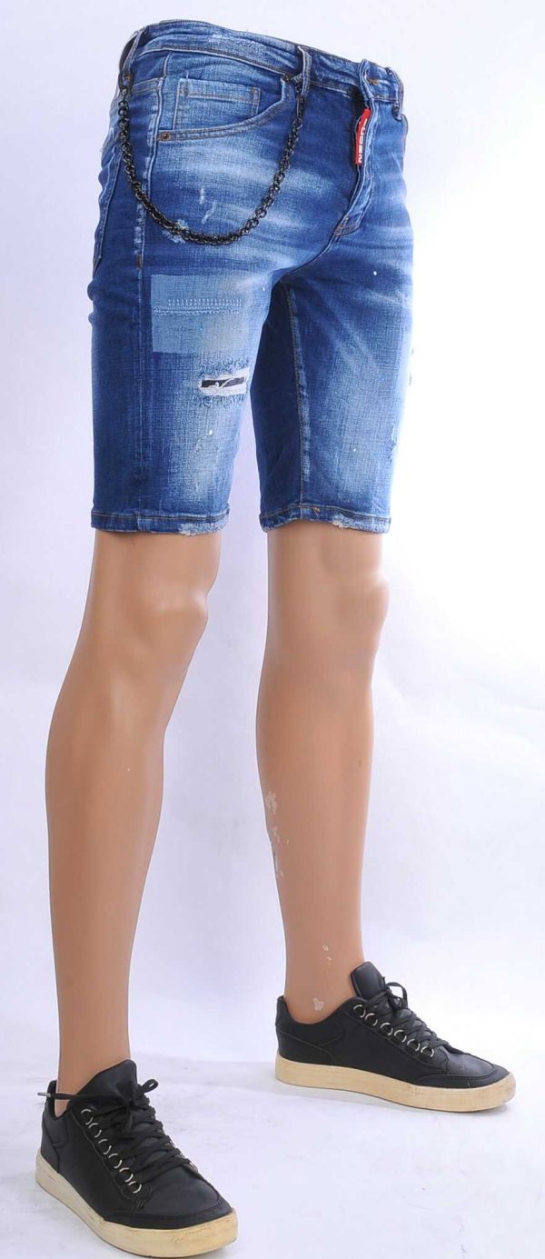 ICON2 hippie gescheurde slim fit heren korte spijkerbroek met verfvlekjes Blauw