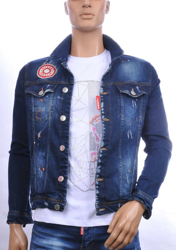 ICON2 hippie gescheurde gewassen slim fit korte spijkerjack met verfvlekjes Blauw