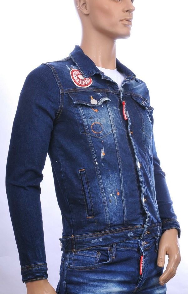 ICON2 hippie gescheurde gewassen slim fit korte spijkerjack met verfvlekjes Blauw
