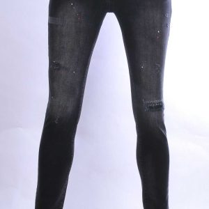 ICON2 hippie gescheurde slim fit stretch heren jeans met verfspatten Zwart