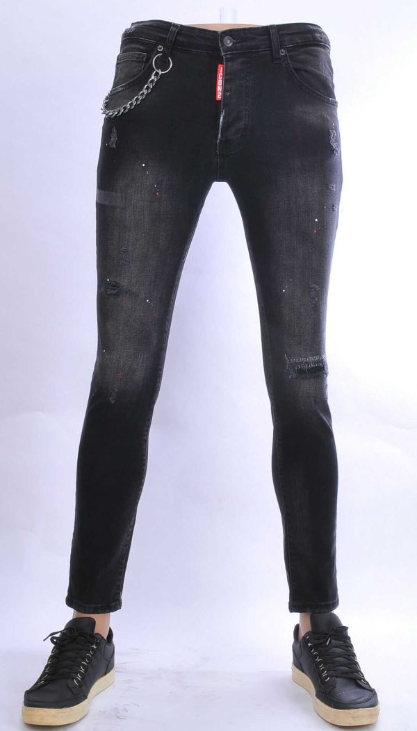 ICON2 hippie gescheurde slim fit stretch heren jeans met verfspatten Zwart