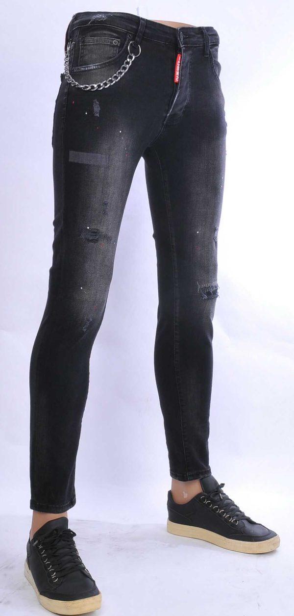 ICON2 hippie gescheurde slim fit stretch heren jeans met verfspatten Zwart
