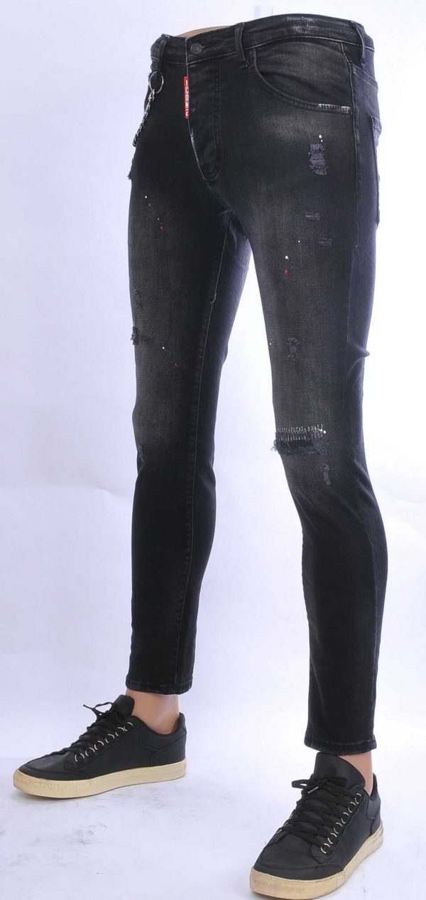 ICON2 hippie gescheurde slim fit stretch heren jeans met verfspatten Zwart