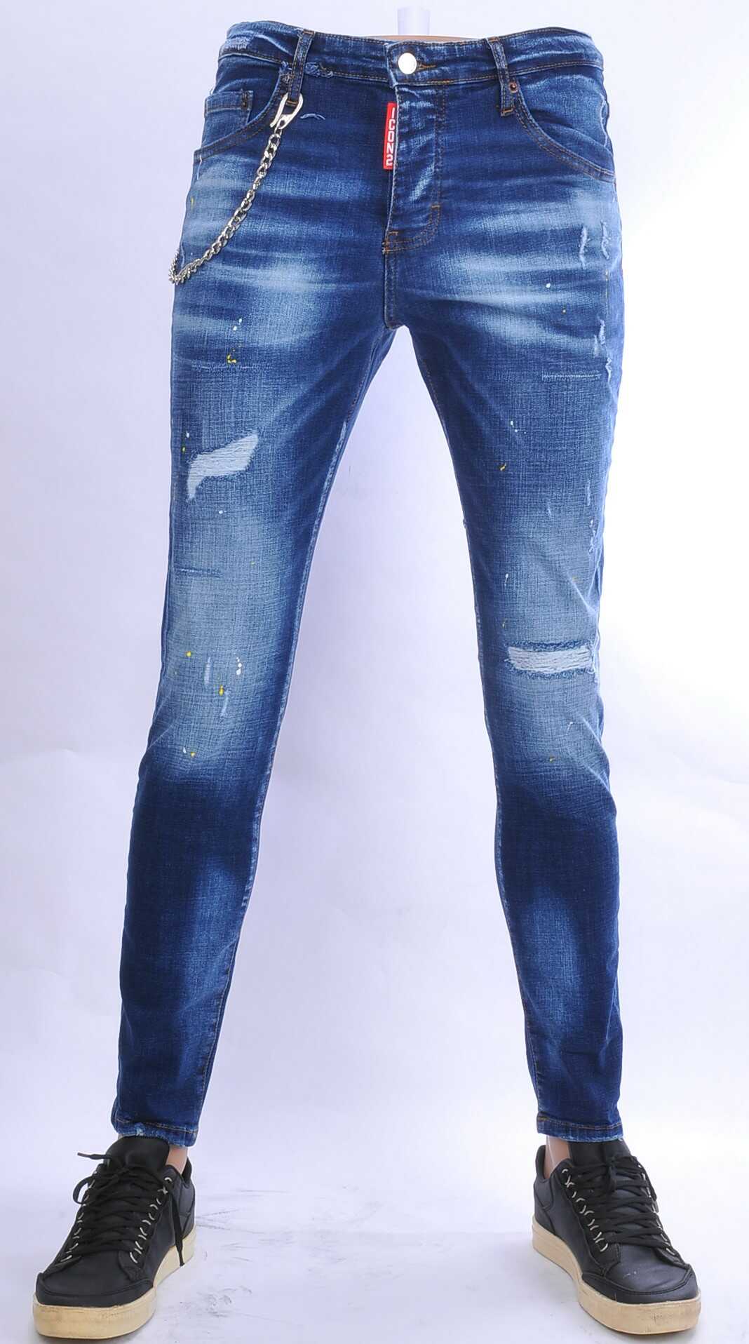 ICON2 hippie gescheurde slim fit stretch heren jeans met verfspatten Blauw