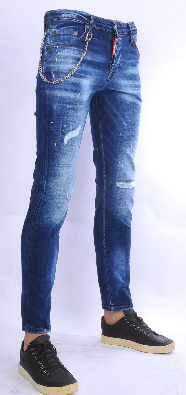 ICON2 hippie gescheurde slim fit stretch heren jeans met verfspatten Blauw