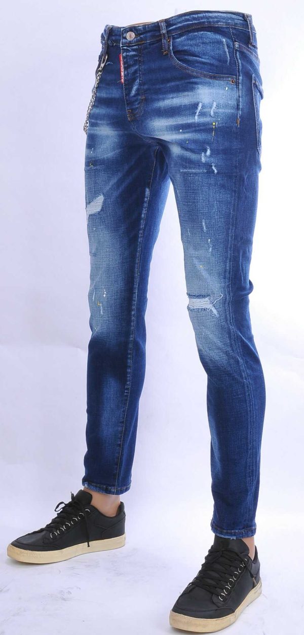ICON2 hippie gescheurde slim fit stretch heren jeans met verfspatten Blauw