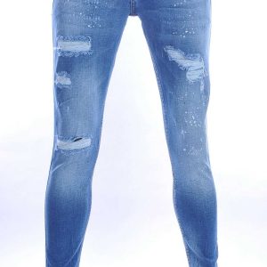 ICON2 hippie gescheurde slim fit stretch heren jeans met verfspatten Blauw