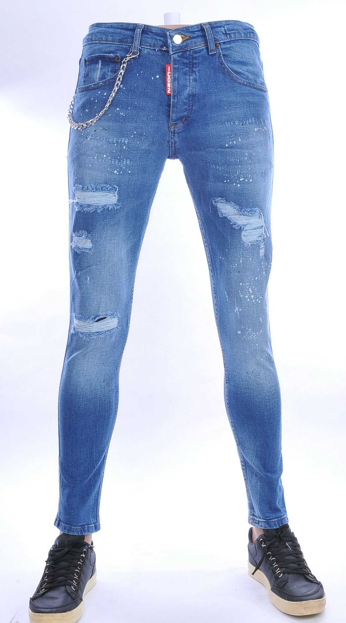 ICON2 hippie gescheurde slim fit stretch heren jeans met verfspatten Blauw