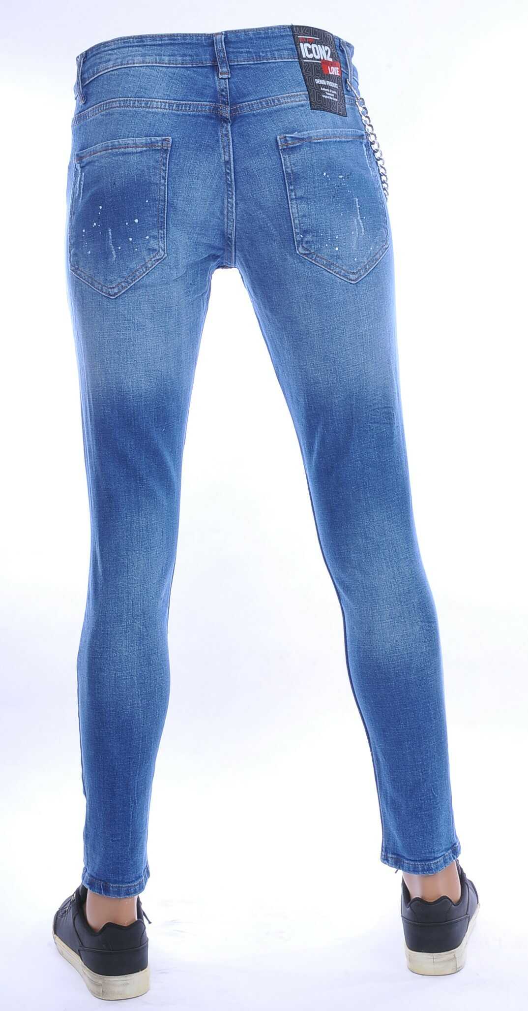 ICON2 hippie gescheurde slim fit stretch heren jeans met verfspatten Blauw