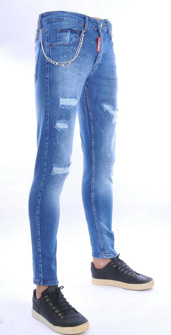 ICON2 hippie gescheurde slim fit stretch heren jeans met verfspatten Blauw