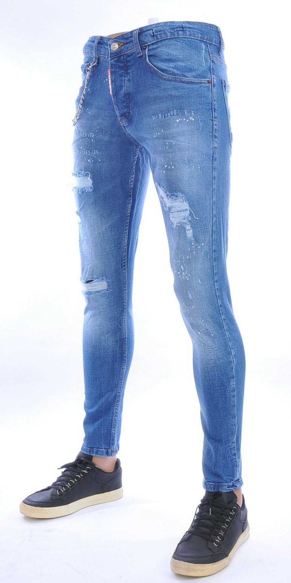 ICON2 hippie gescheurde slim fit stretch heren jeans met verfspatten Blauw