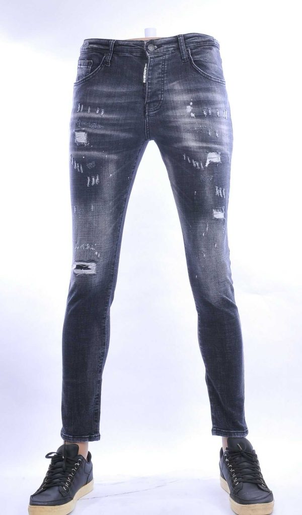ICON2 hippie gescheurde slim fit stretch heren jeans met verfspetters Zwart