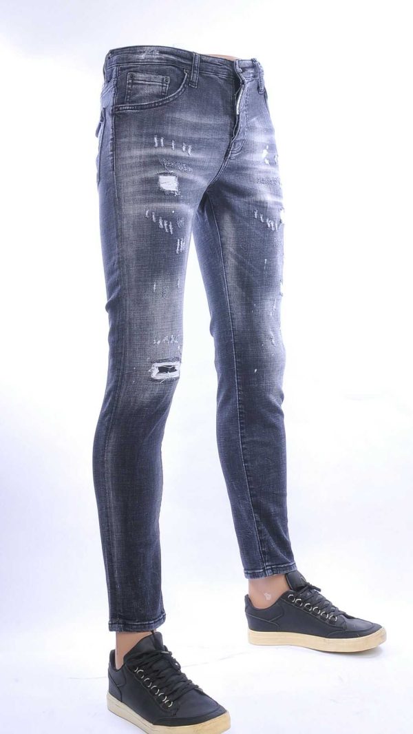 ICON2 hippie gescheurde slim fit stretch heren jeans met verfspetters Zwart