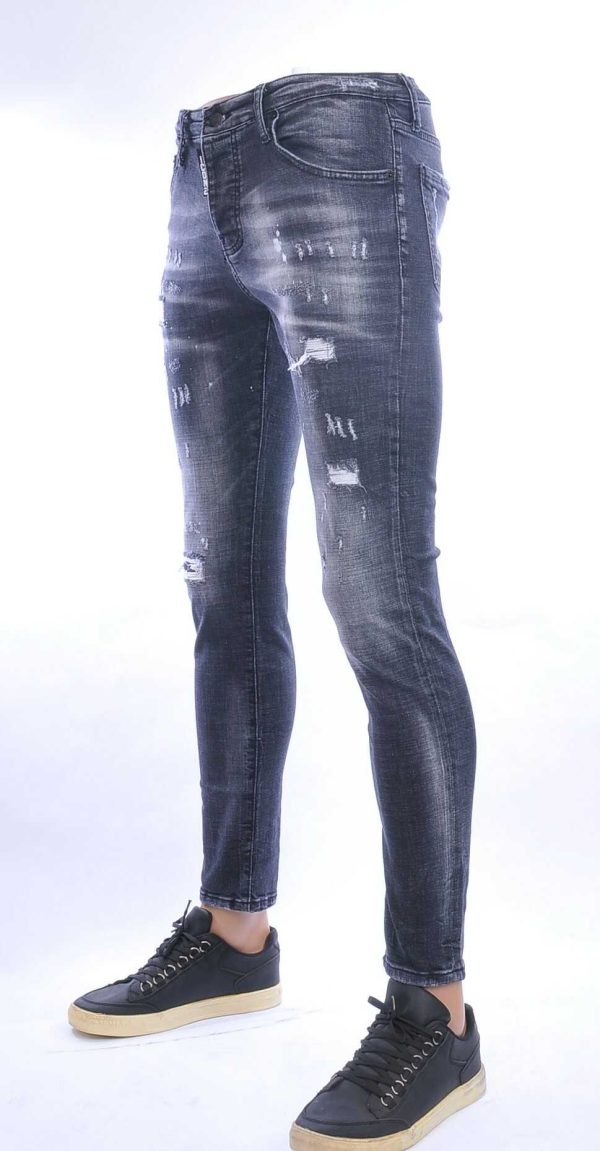 ICON2 hippie gescheurde slim fit stretch heren jeans met verfspetters Zwart