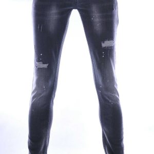 ICON hippie gescheurde slim fit stretch heren jeans met verfspatten Zwart