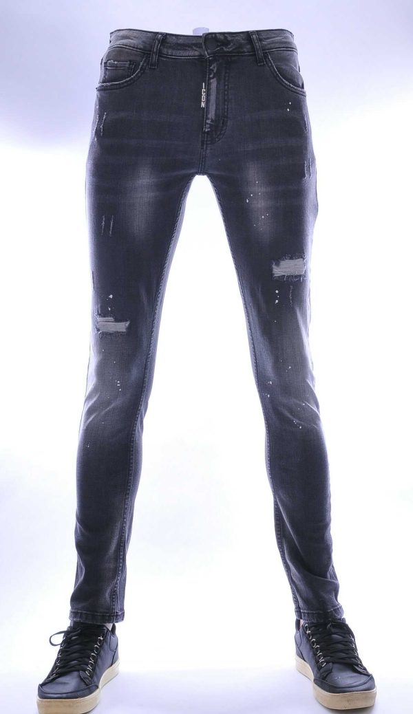 ICON hippie gescheurde slim fit stretch heren jeans met verfspatten Zwart