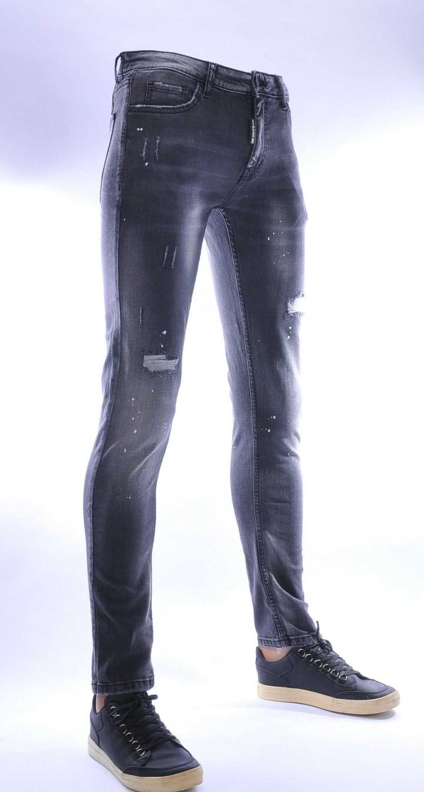 ICON hippie gescheurde slim fit stretch heren jeans met verfspatten Zwart