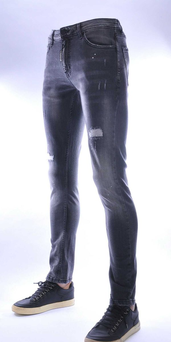 ICON hippie gescheurde slim fit stretch heren jeans met verfspatten Zwart
