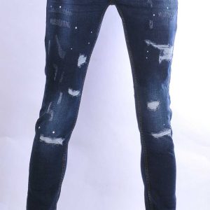 ICON hippie gescheurde gewassen slim fit stretch heren jeans met verfspatten Blauw