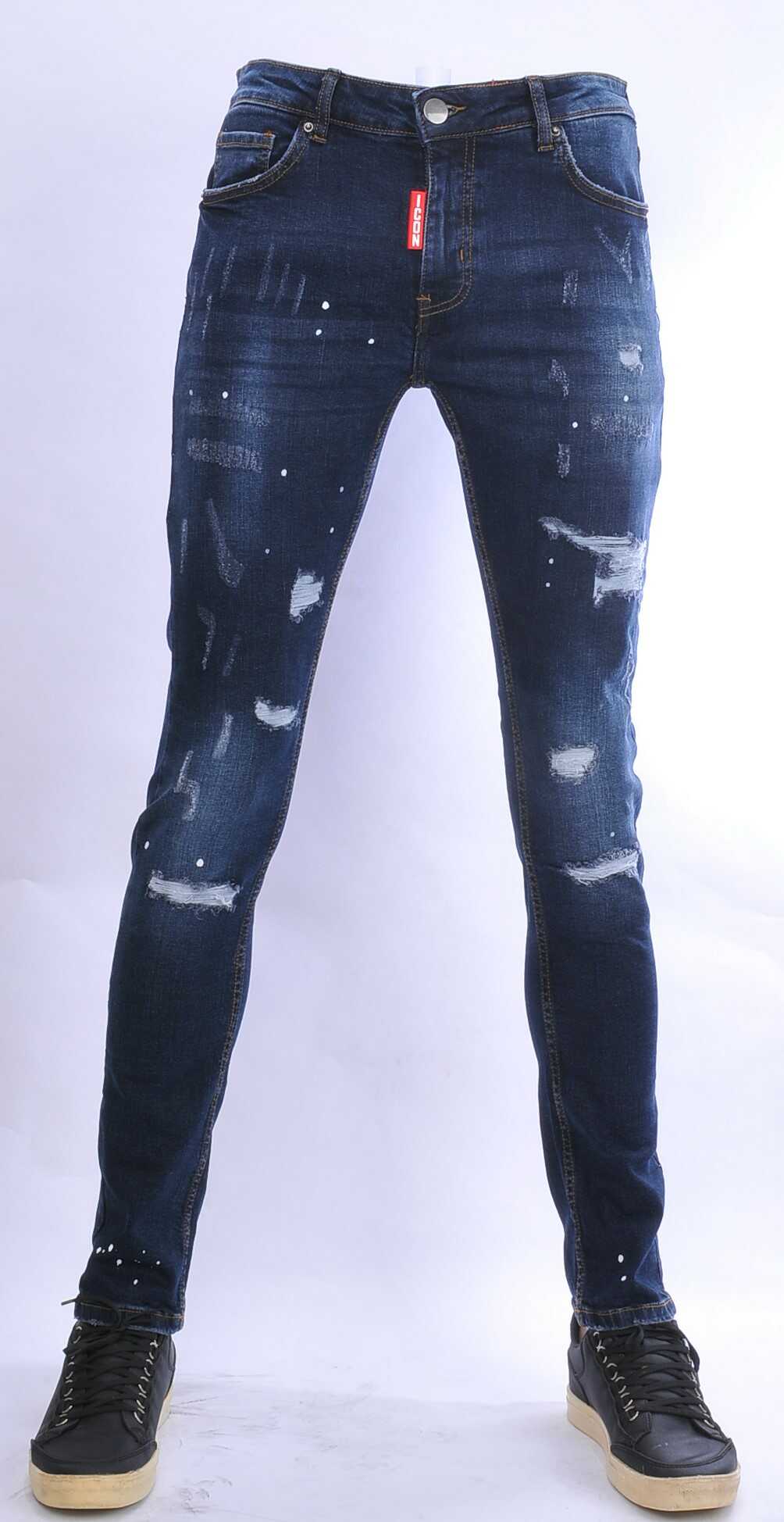 ICON hippie gescheurde gewassen slim fit stretch heren jeans met verfspatten Blauw