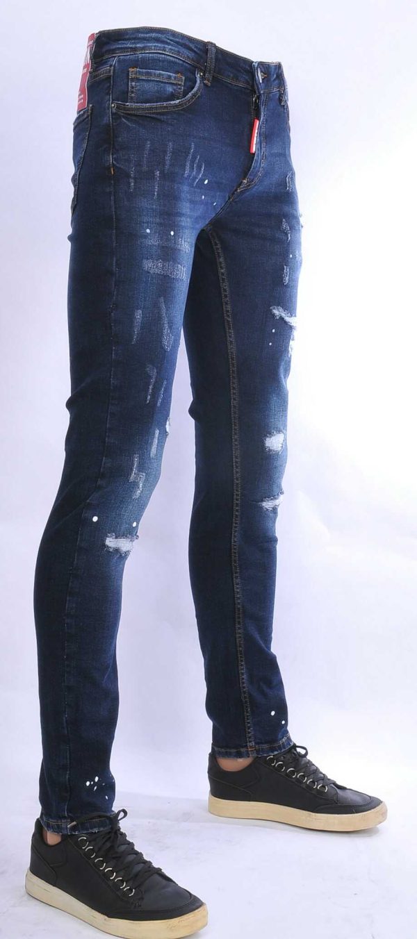 ICON hippie gescheurde gewassen slim fit stretch heren jeans met verfspatten Blauw