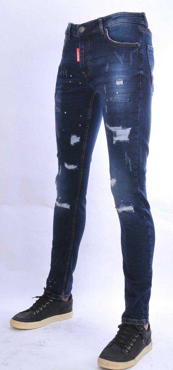 ICON hippie gescheurde gewassen slim fit stretch heren jeans met verfspatten Blauw