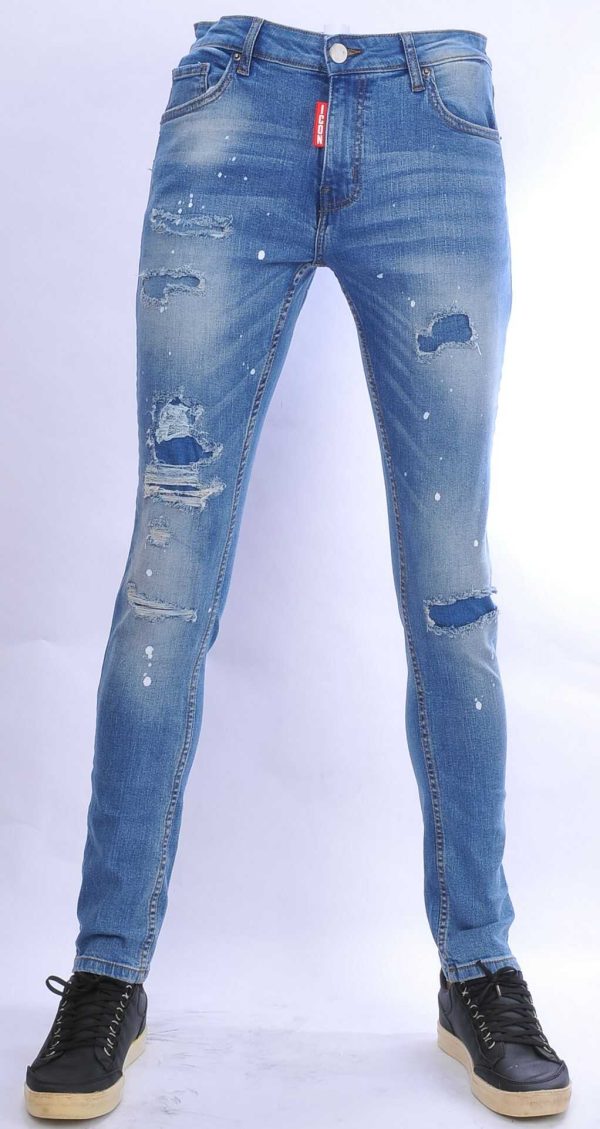 ICON hippie gescheurde gewassen slim fit stretch heren jeans met verfspatten Blauw