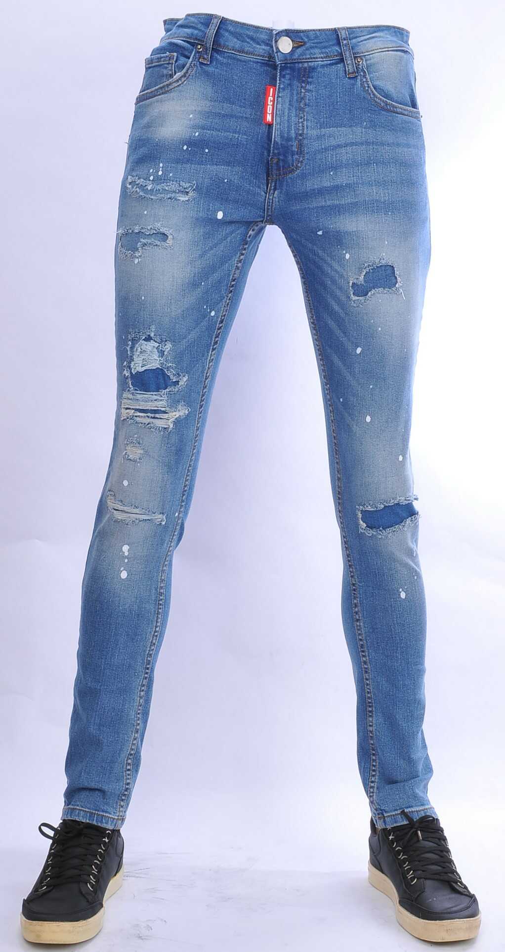 ICON hippie gescheurde gewassen slim fit stretch heren jeans met verfspatten Blauw