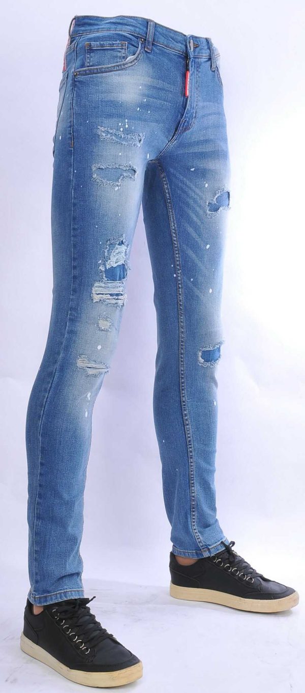 ICON hippie gescheurde gewassen slim fit stretch heren jeans met verfspatten Blauw