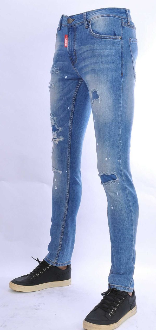 ICON hippie gescheurde gewassen slim fit stretch heren jeans met verfspatten Blauw