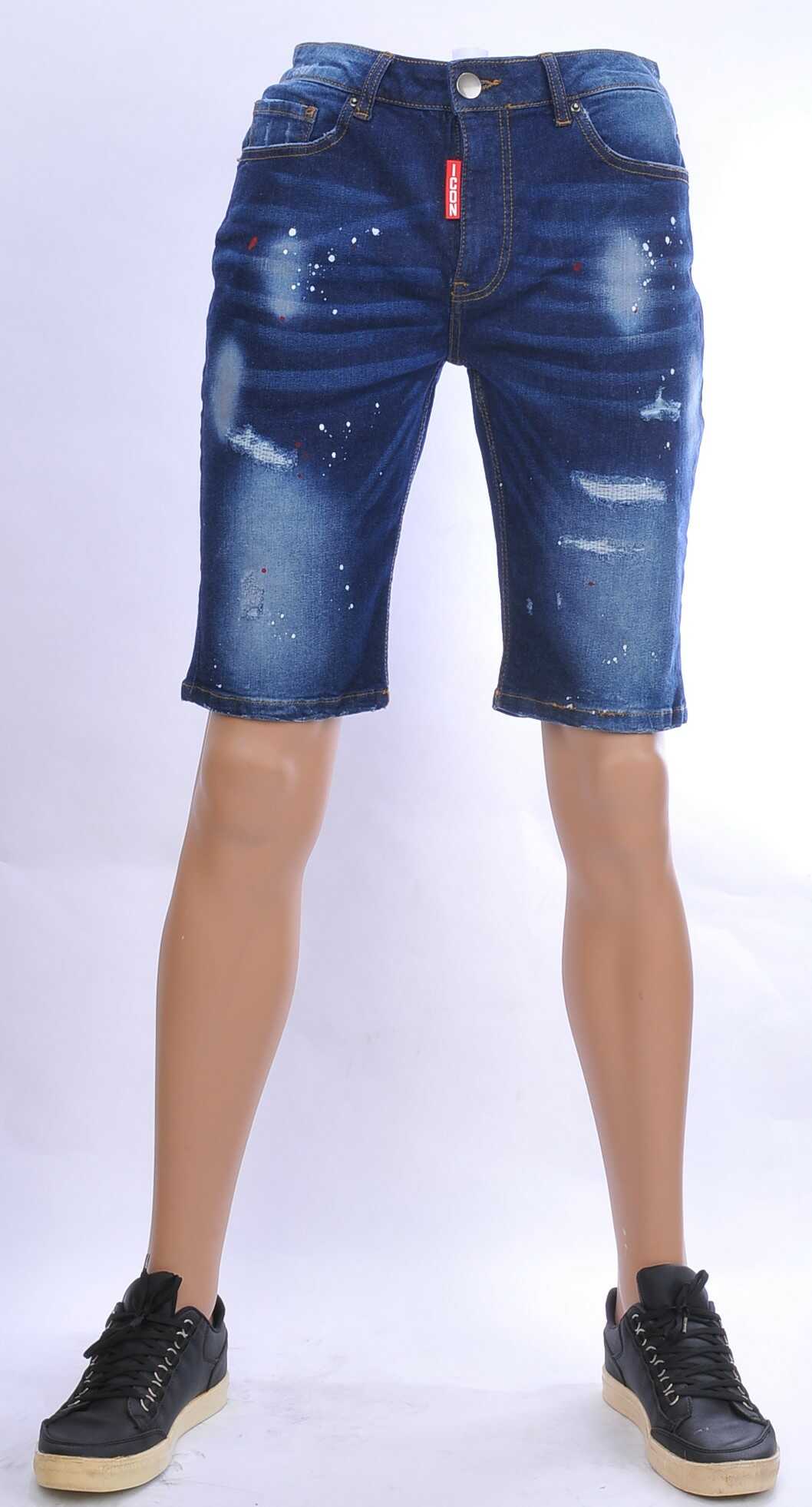 ICON hippie gescheurde slim fit heren korte spijkerbroek met verfvlekjes Blauw