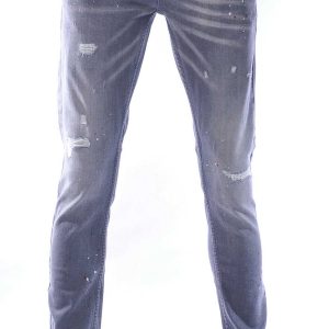 ICON hippie gescheurde slim fit stretch heren jeans met verfspatten Grijs