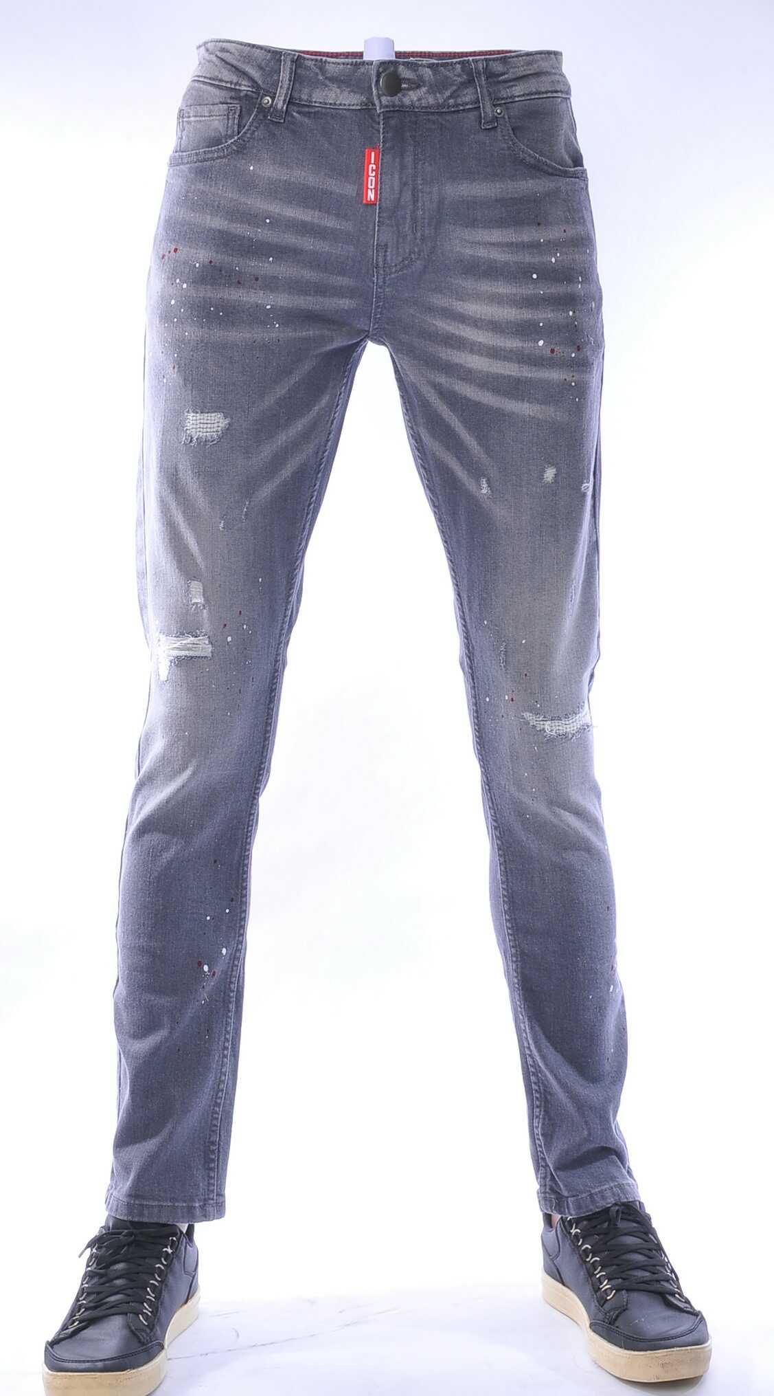 ICON hippie gescheurde slim fit stretch heren jeans met verfspatten Grijs