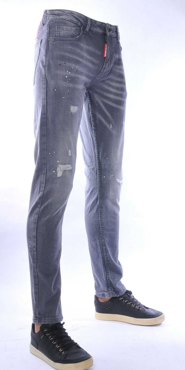 ICON hippie gescheurde slim fit stretch heren jeans met verfspatten Grijs