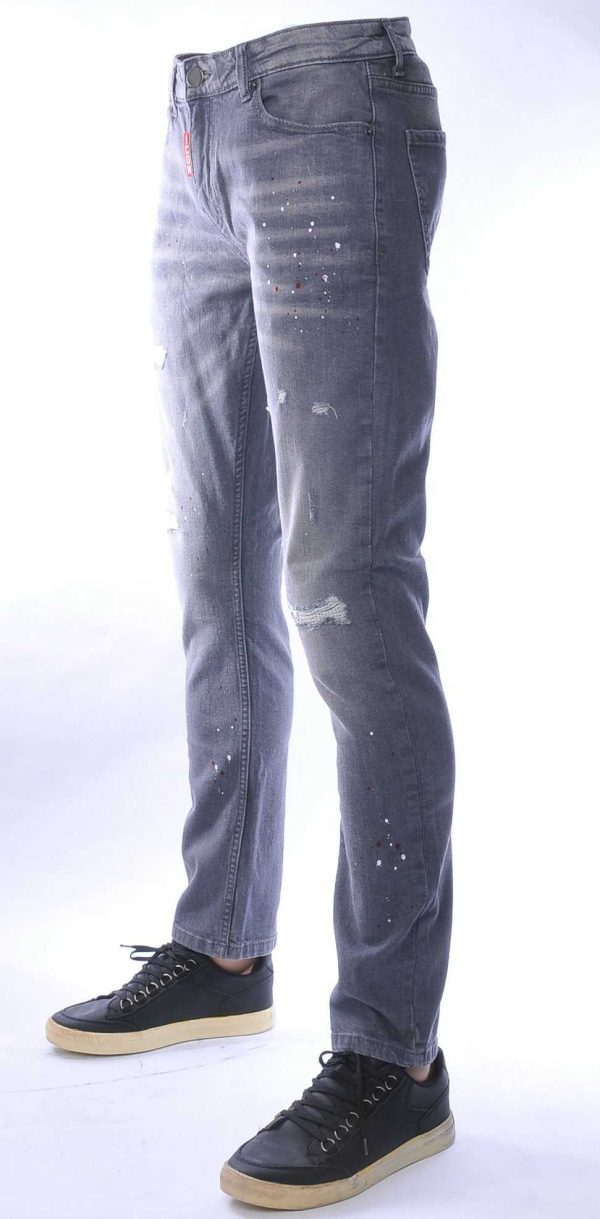 ICON hippie gescheurde slim fit stretch heren jeans met verfspatten Grijs