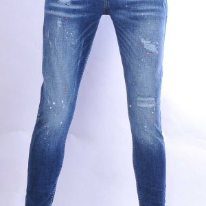 VALENCI hippie gescheurde slim fit stretch heren jeans met verfspatten Blauw