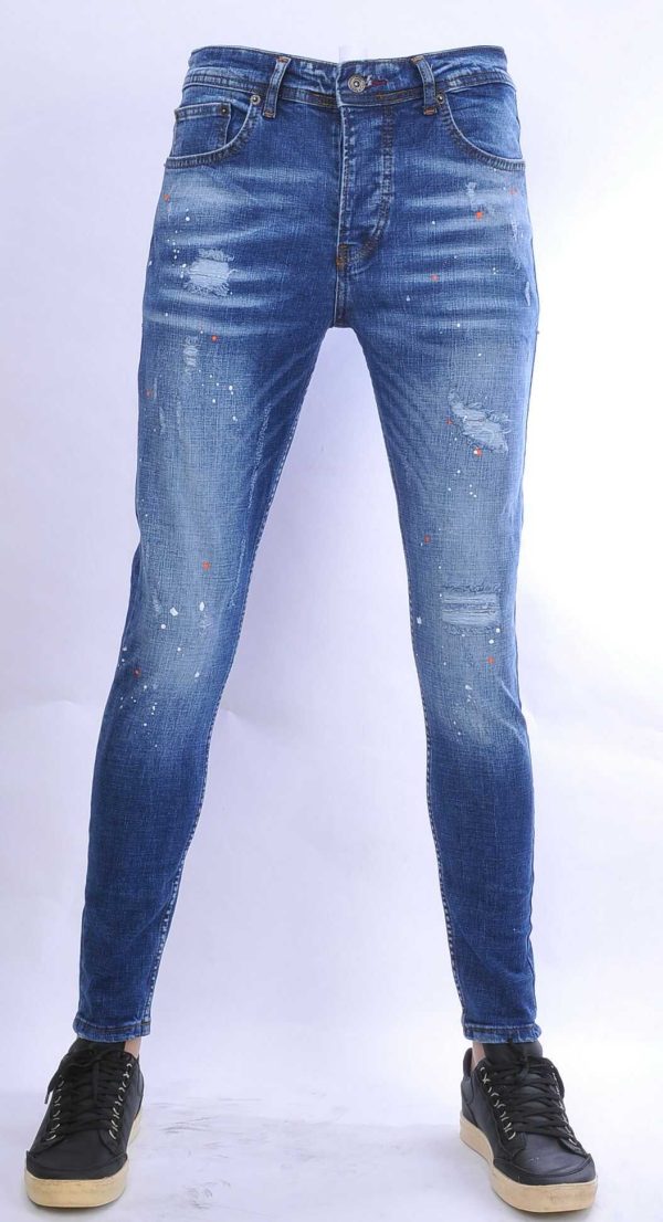 VALENCI hippie gescheurde slim fit stretch heren jeans met verfspatten Blauw