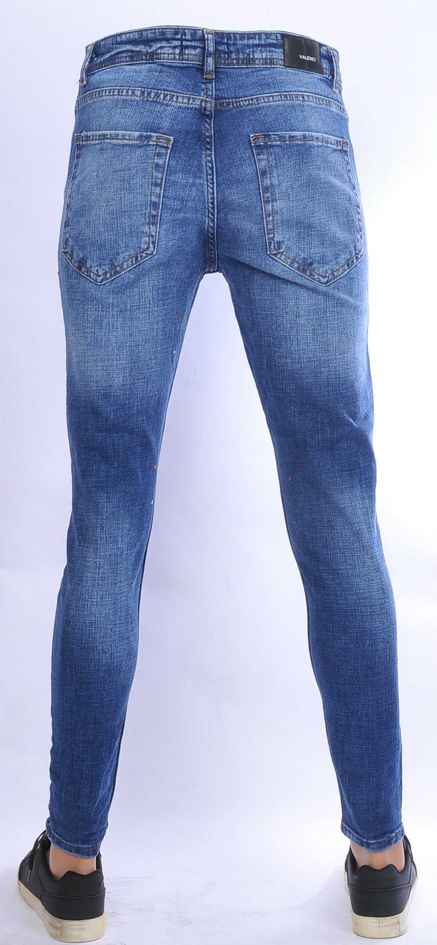 VALENCI hippie gescheurde slim fit stretch heren jeans met verfspatten Blauw