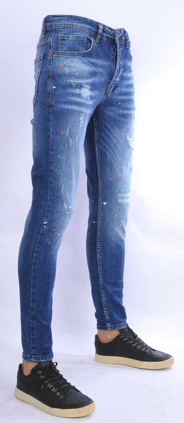 VALENCI hippie gescheurde slim fit stretch heren jeans met verfspatten Blauw