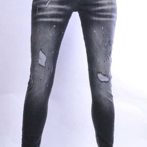 VALENCI hippie gescheurde slim fit stretch heren jeans met verfspatten Zwart