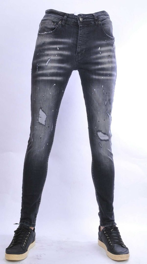 VALENCI hippie gescheurde slim fit stretch heren jeans met verfspatten Zwart