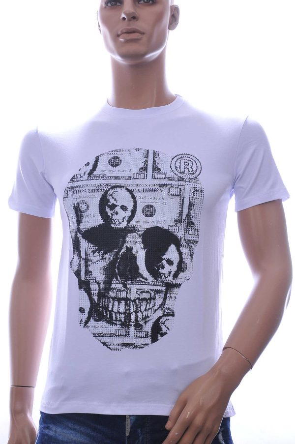 By Bugotti Trendy Ronde Hals Heren Skull T-Shirt met Zilveren Steentjes - Wit