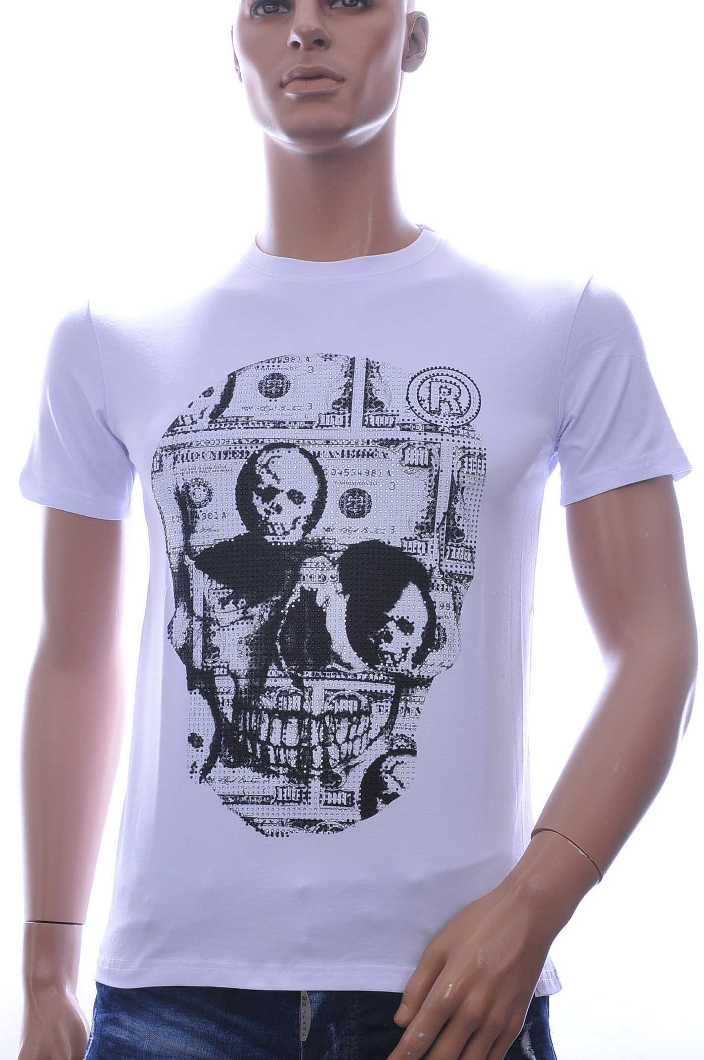 By Bugotti Trendy Ronde Hals Heren Skull T-Shirt met Zilveren Steentjes - Wit