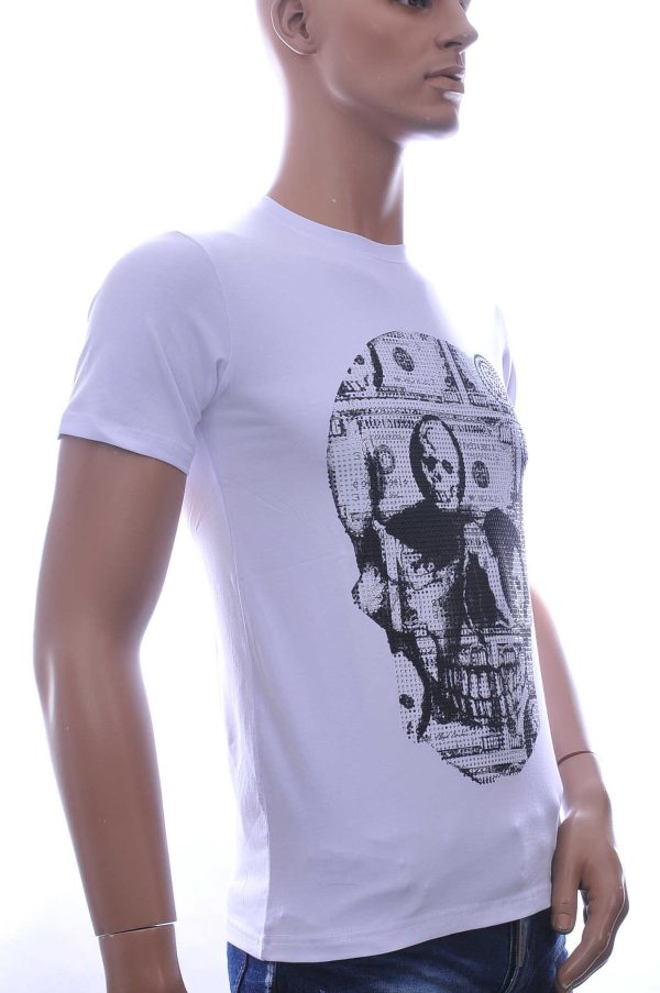 By Bugotti Trendy Ronde Hals Heren Skull T-Shirt met Zilveren Steentjes - Wit